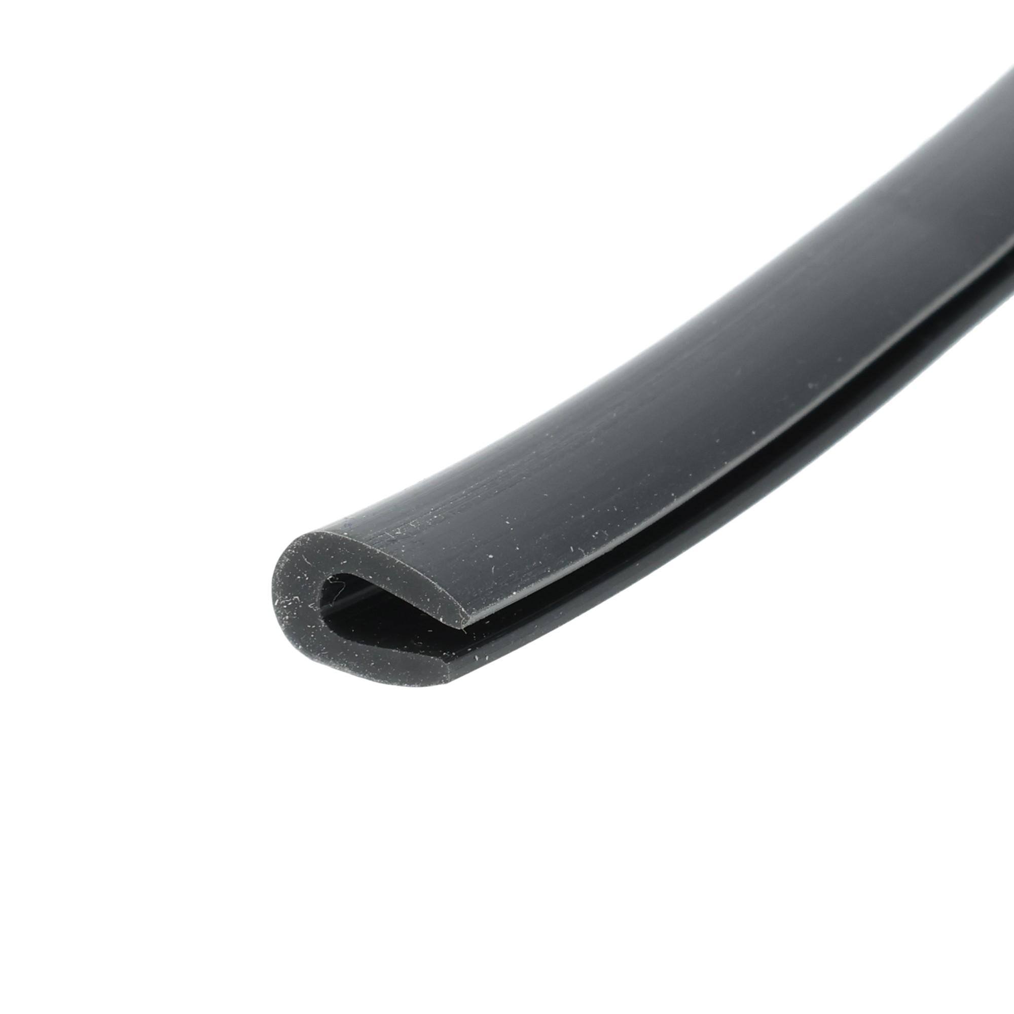 uszczelka-krawedziowa-lity-silikon-2-x-5-x-9mm-czarna-023810-1 - Centrum uszczelek Close-up of a dark gray metal strip with a rounded end, diagonally placed on a white background.