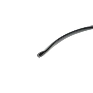 Close-up of a black rubber-coated cable curved across a white background.