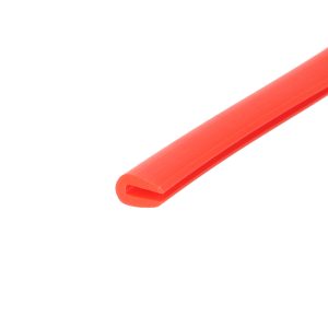 Close-up of a glossy red plastic tube curved diagonally across a white background, showing a rounded open end at the bottom left of the image.