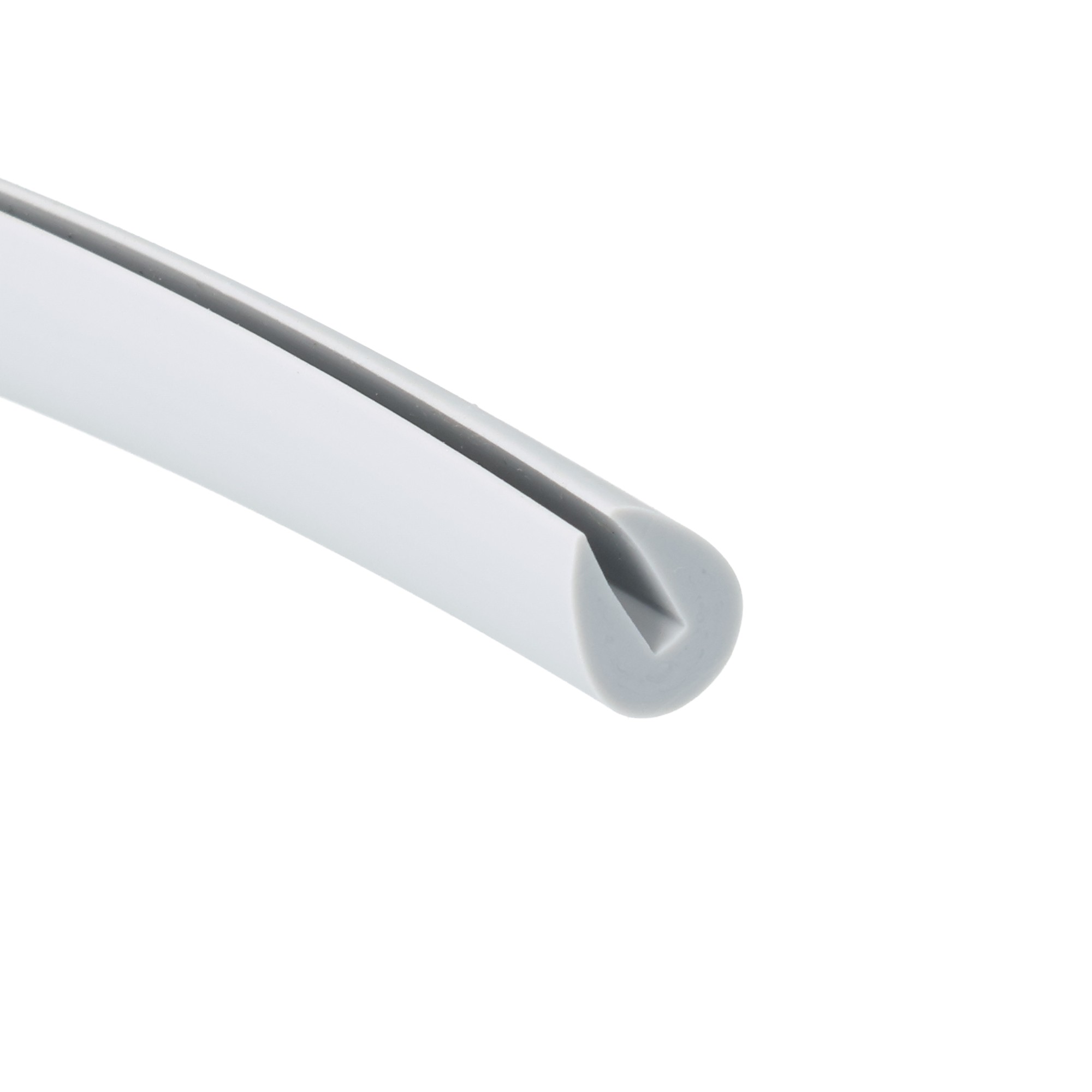 uszczelka-krawedziowa-miekkie-pvc-2-x-9-x-125mm-szara-12-233-1 - Centrum uszczelek Close-up of a gray plastic lever with a rounded end on a white background.
