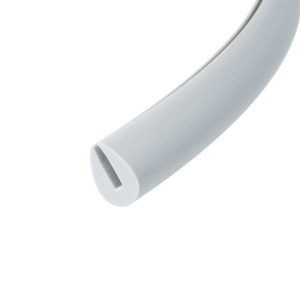 Close-up of a gray cylindrical tube with an open rounded end against a white background.