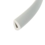 Close-up of a light gray PVC pipe end, showing the hollow interior against a white background, viewed at an angle.