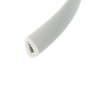 Close-up of a light gray cylindrical tube with an open hollow end on a white background, angled diagonally across the frame.