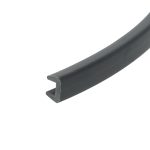 Close-up of a black metal U-channel extrusion with a rounded outer edge, photographed at an angle.