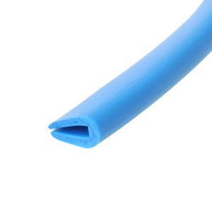Blue plastic hollow tube lying diagonally across a white background, open end visible at the bottom left.