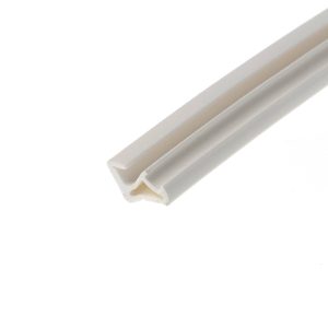 Three white plastic extrusion channels laid diagonally on a white background.