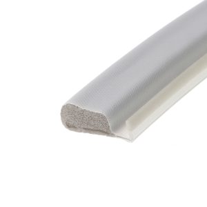 Close-up of a white foam cylinder with a textured surface and a cross-sectional end, resting on a white background.