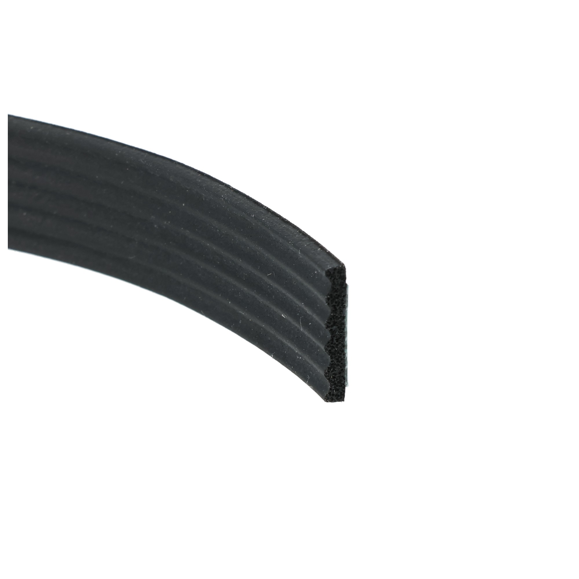 uszczelka-piankowa-samoprzylepna-2x12mm-czarna-04-691-01-1 - Centrum uszczelek Close-up of a black rubber edge with a curved corner and ribbed texture against a white background.