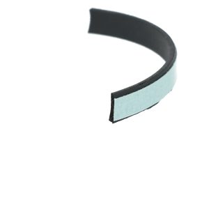 Close-up of a light-blue headband with a black inner edge, curved against a white background.