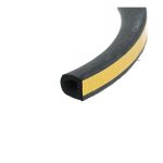 Close-up of a curved black and yellow foam seal or gasket viewed from the side, showing textured black foam core and yellow outer layer.