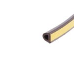 Close-up of a yellow and brown foam weatherstrip with a hollow brown core, angled diagonally at the bottom right edge of the image.