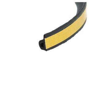Close-up of a yellow strap with black edges, curved across the frame.