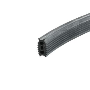 Close-up of a gray, corrugated metal strip showing circular hollow channels along its edge.
