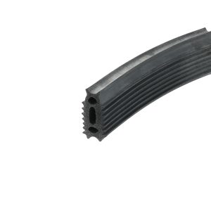 Close-up of a black rubber gasket with ribbed surface and hollow, circular channels (cross-section).