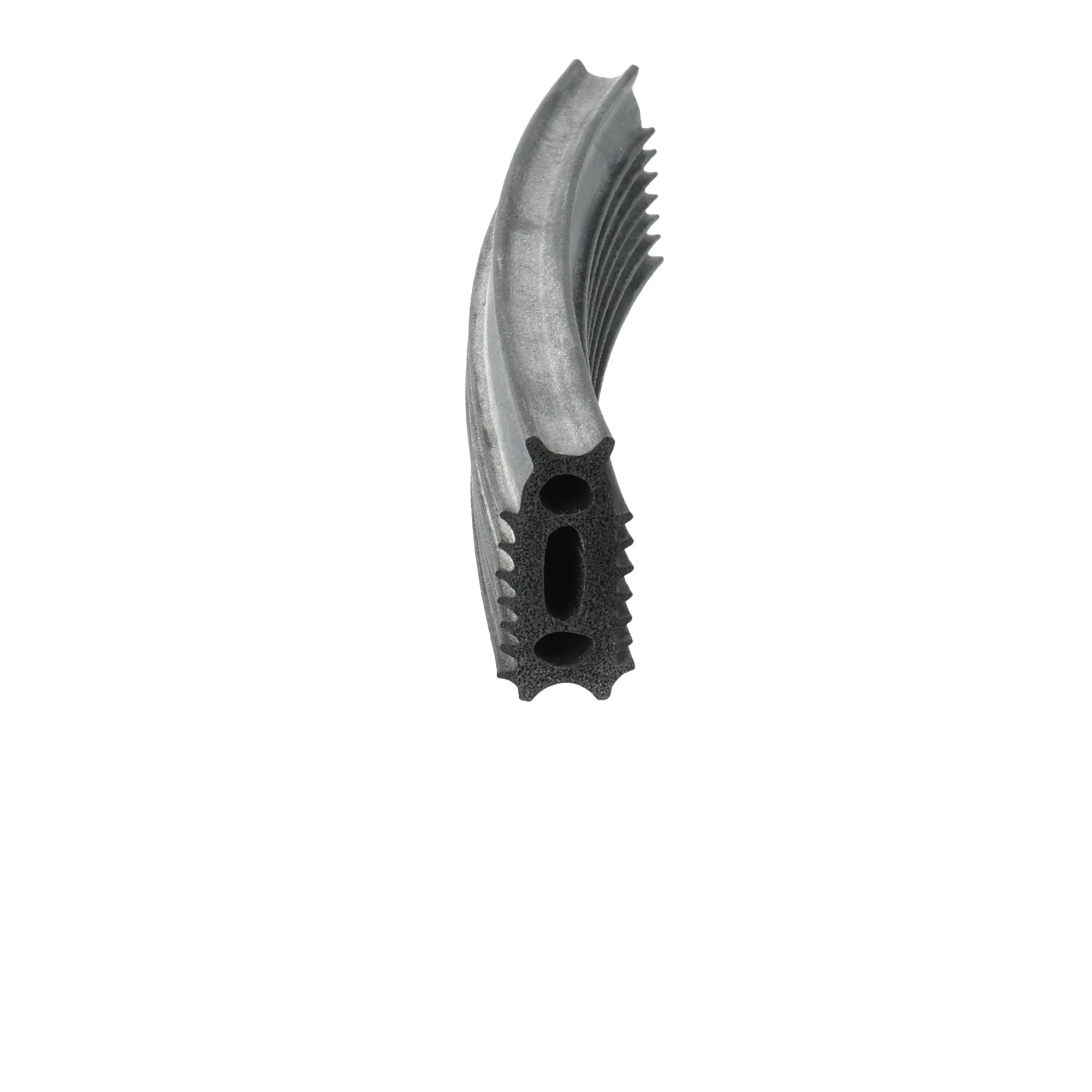 uszczelka-pokrywy-wpinana-gumowa-pianka-4-wargowa-85-x-245mm-czarna-54-315-3 - Centrum uszczelek Close-up of a gray serrated blade with a black textured handle and circular cutouts on the tool.