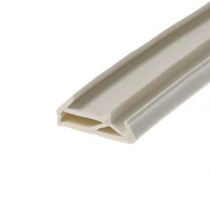 Close-up of a white plastic channel/extrusion with a hollow diagonal trough, set against a white background.