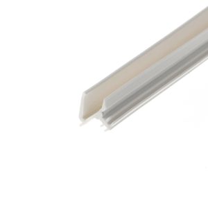 Close-up of a pale gray diagonal extrusion or molding with a beige stripe, set against a white background