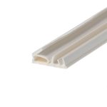 Close-up of white plastic corner trim (PVC) with ribbed channel profile, photographed at an angle.