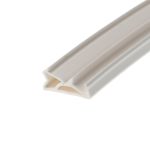 Close-up of white window blind slats angled diagonally across a white background.