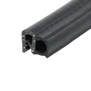 Close-up of a black foam-covered rubber extrusion with a square hollow channel and small edge fasteners on one end.