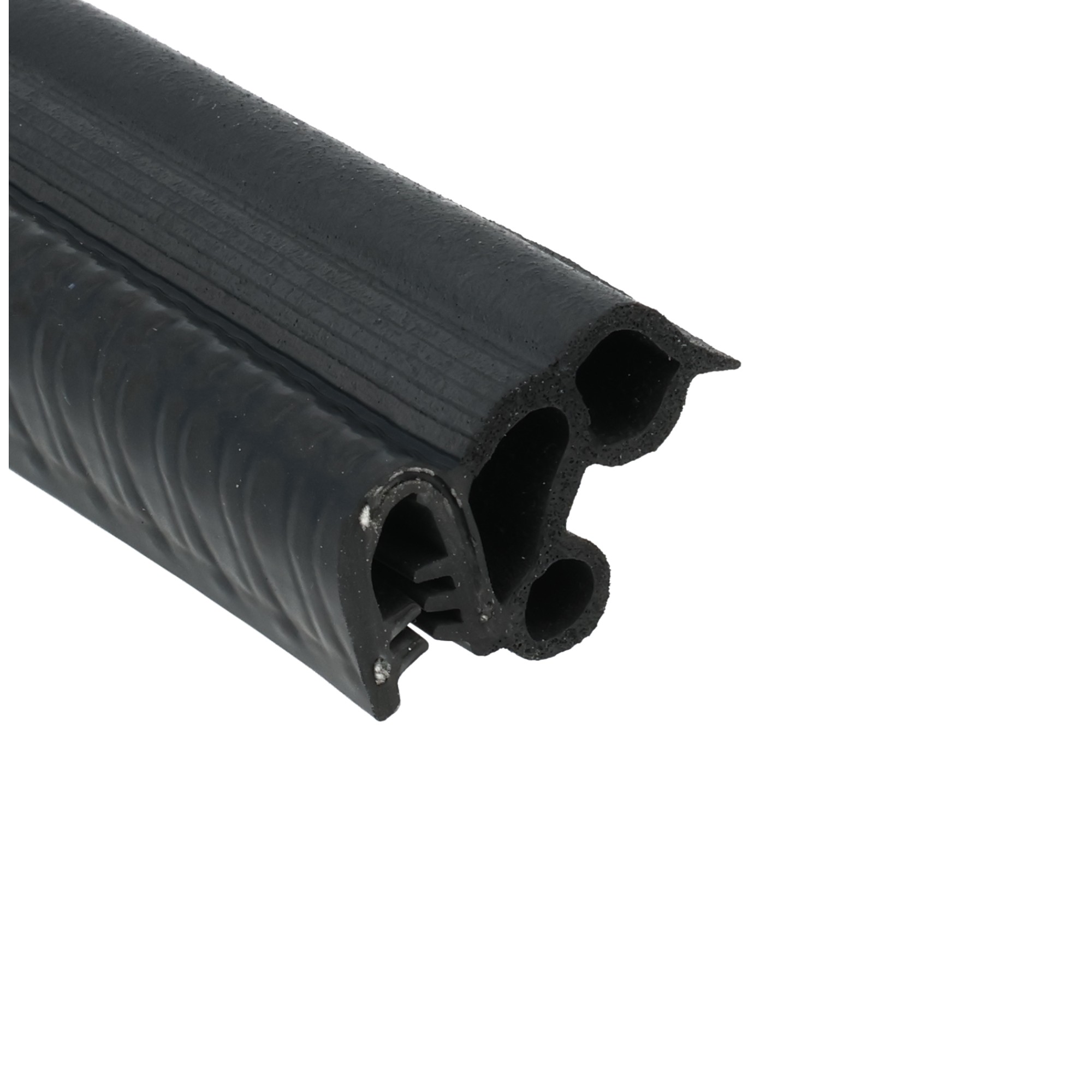 uszczelka-samochodowa-zaciskowa-na-krawedz-5-6mm-12-113-2 - Centrum uszczelek Close-up of a black, ribbed rubber part with three circular holes at the end.
