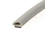 Close-up of a light gray foam tube with a circular hollow cross-section, laid diagonally on a white background.
