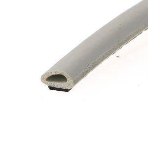 Close-up of a light gray foam tube with a circular hollow cross-section, laid diagonally on a white background.