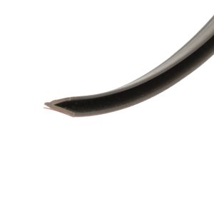 Close-up of a curved black edge against a white background, macro shot of a partial object.