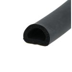 Close-up of a black foam pipe insulation with a circular hollow end and textured surface against a white background
