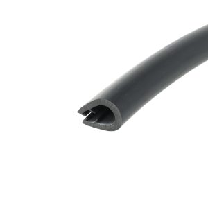 Close-up of a black rubber hose cut to expose the hollow interior, shown at an angle against a white background.