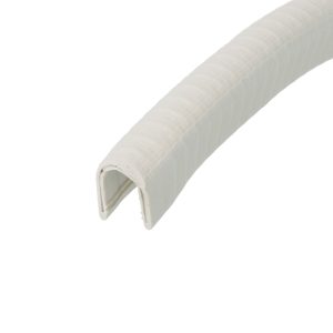 Close-up of a white textured corrugated pipe, curved diagonally across the frame.