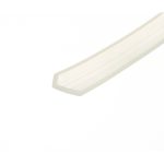 Close-up of a white, L-shaped plastic corner piece diagonally across a pale background.
