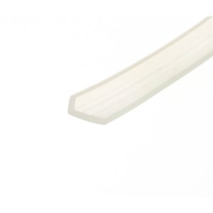 Close-up of a white, L-shaped plastic corner piece diagonally across a pale background.
