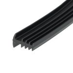 Close-up of a black, ribbed plastic extrusion with multiple grooves along a diagonal edge.