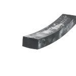 Close-up of a curved dark metal beam with a weathered, dusty surface against a white background.