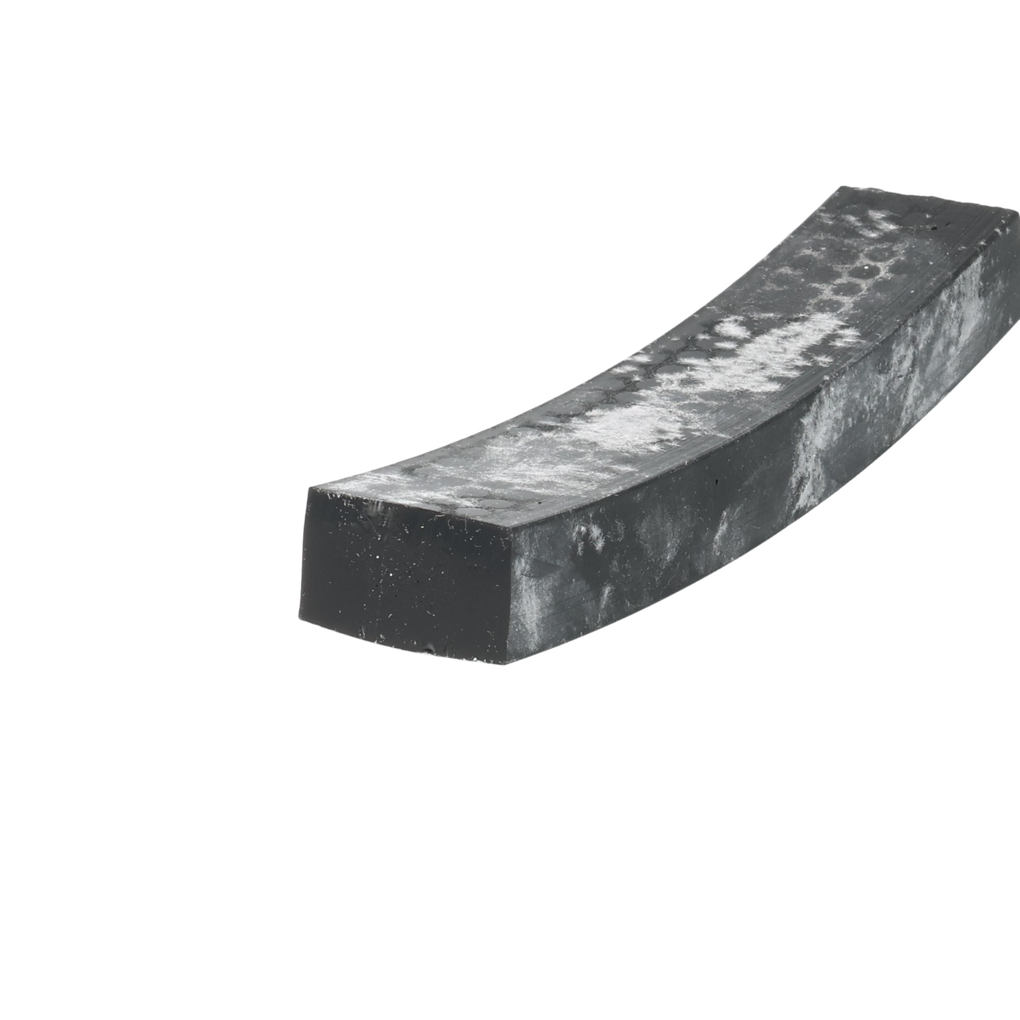 uszczelka-tasma-silikonowa-40-sha-15-x-25mm-czarna-023019-2 - Centrum uszczelek Close-up of a curved dark metal beam with a weathered, dusty surface against a white background.