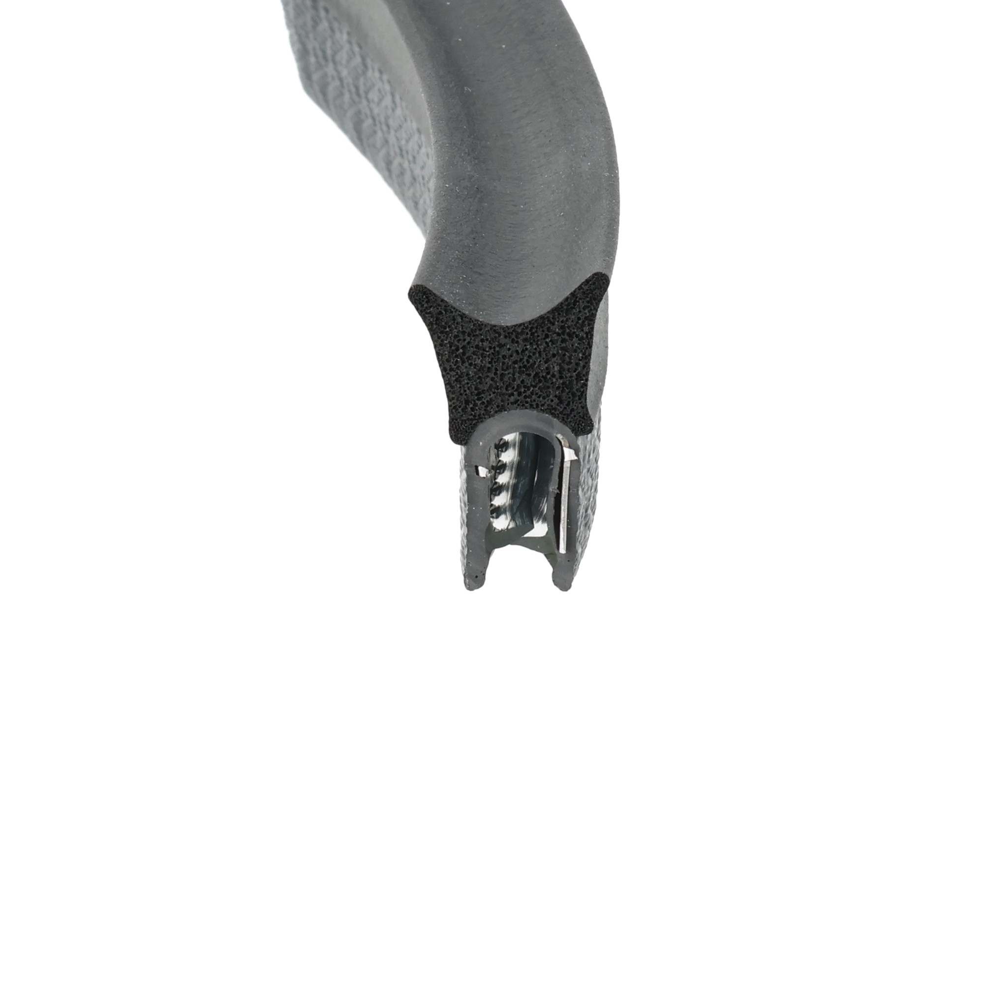 uszczelka-zaciskowa-oslona-krawedzi-1-4mm-epdm-08-121-3 - Centrum uszczelek Close-up of a gray, curved tool handle with a black textured grip and visible metallic mechanism at the end.