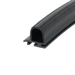 Close-up of a black U-shaped rubber weather seal with foam core and metal mounting lip (gasket).