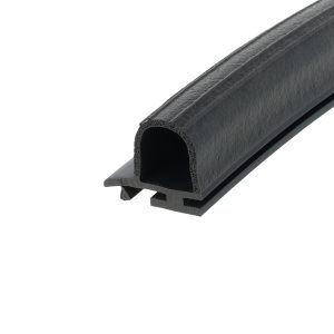 Close-up of a black U-shaped rubber weather seal with foam core and metal mounting lip (gasket).