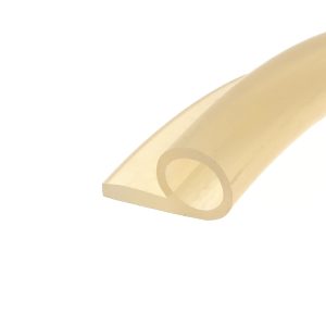 Close-up view of a beige curved object with rounded edges against a white background.
