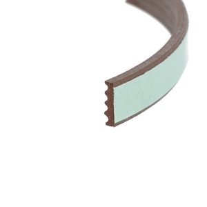 Close-up of a light blue belt with a brown inner edge, curved shape visible against a white background.
