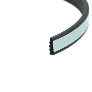 Close-up of a curved blue and black foam gasket or seal with a textured inner edge