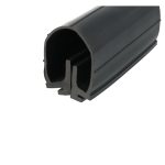 Close-up of a black hollow plastic extrusion with a rounded outer edge and internal ribbing, viewed diagonally from the side