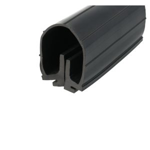 Close-up of a black hollow plastic extrusion with a rounded outer edge and internal ribbing, viewed diagonally from the side