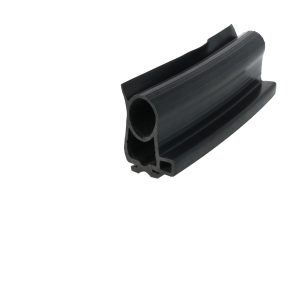 Black rubber extrusion gasket with a hollow center and ribbed exterior profile, shown in close-up on a white background.