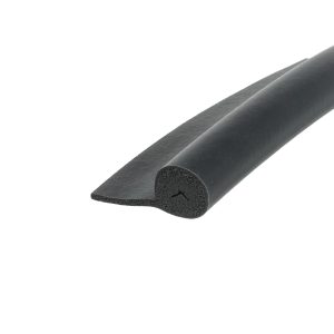 Close-up of a black foam weatherstrip extrusion with a hollow, rounded cross-section and a diagonal cut end.
