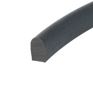 Close-up of a black cylindrical pipe lying diagonally across a white background, showing its rounded end and surface texture.
