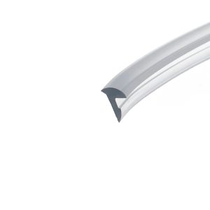 Close-up of a curved, silver metal strip against a white background.