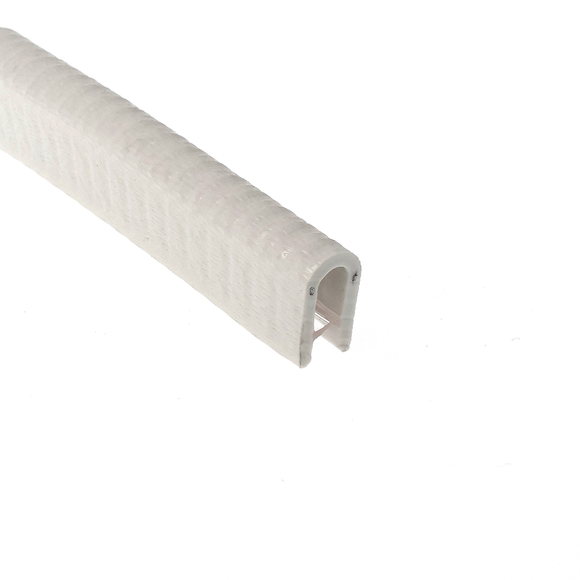 Uszczelka krawędziowa samozaciskowa PVC 1-4 x 10 x 145mm biała 08-451 2 - Centrum uszczelek White plastic hollow cylinder with a textured surface, placed diagonally on a white background.