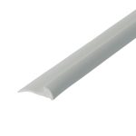 Close-up of a white plastic edging strip with a rounded bottom edge, viewed diagonally on white background.